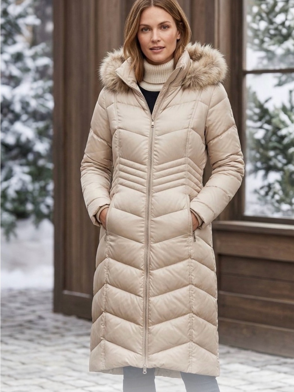 Gallery New York Women Sz S
Beige Long Puffer Coat Hood Faux Fur Zip Pockets NWT